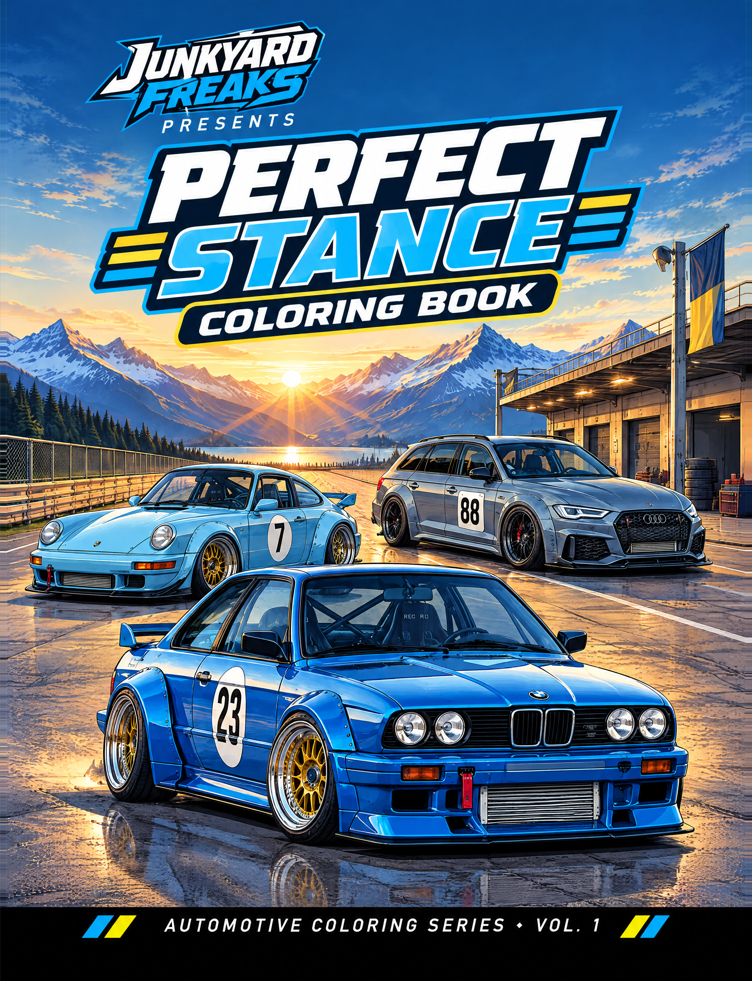 Perfect Stance Coloring Book Vol. 1 cover with a blue widebody E30 on a mountain racetrack