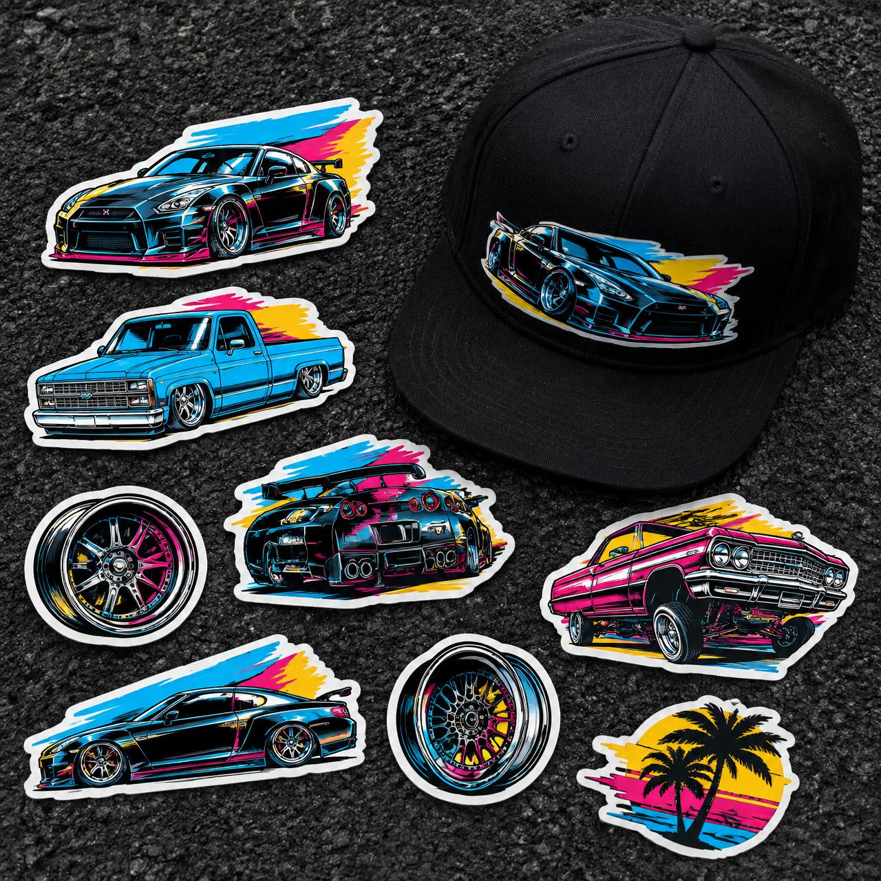 Black snapback hat with widebody car patch on asphalt